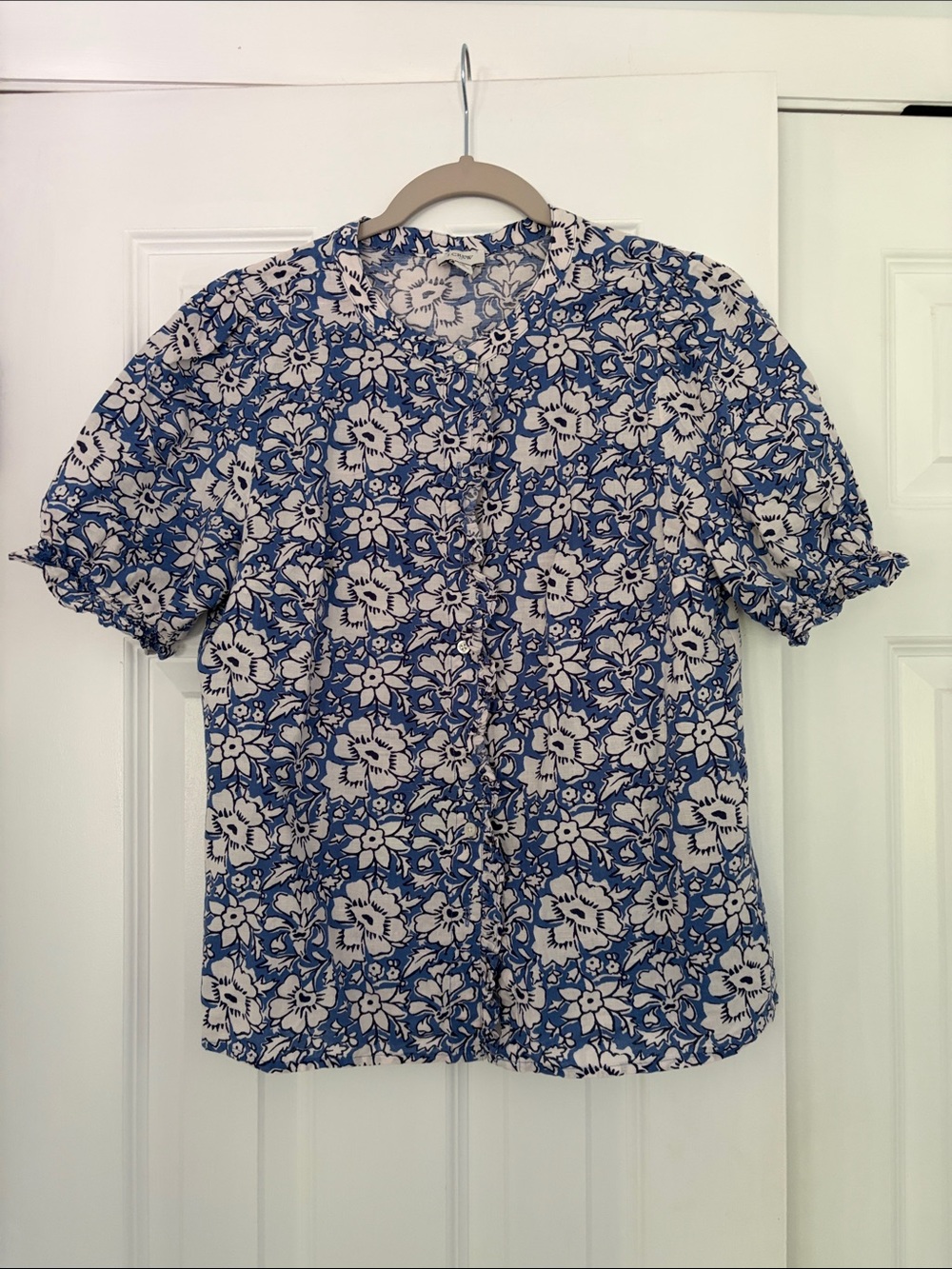 J. Crew Linen Cotton Blue and White Floral Puff-Sleeve Blouse